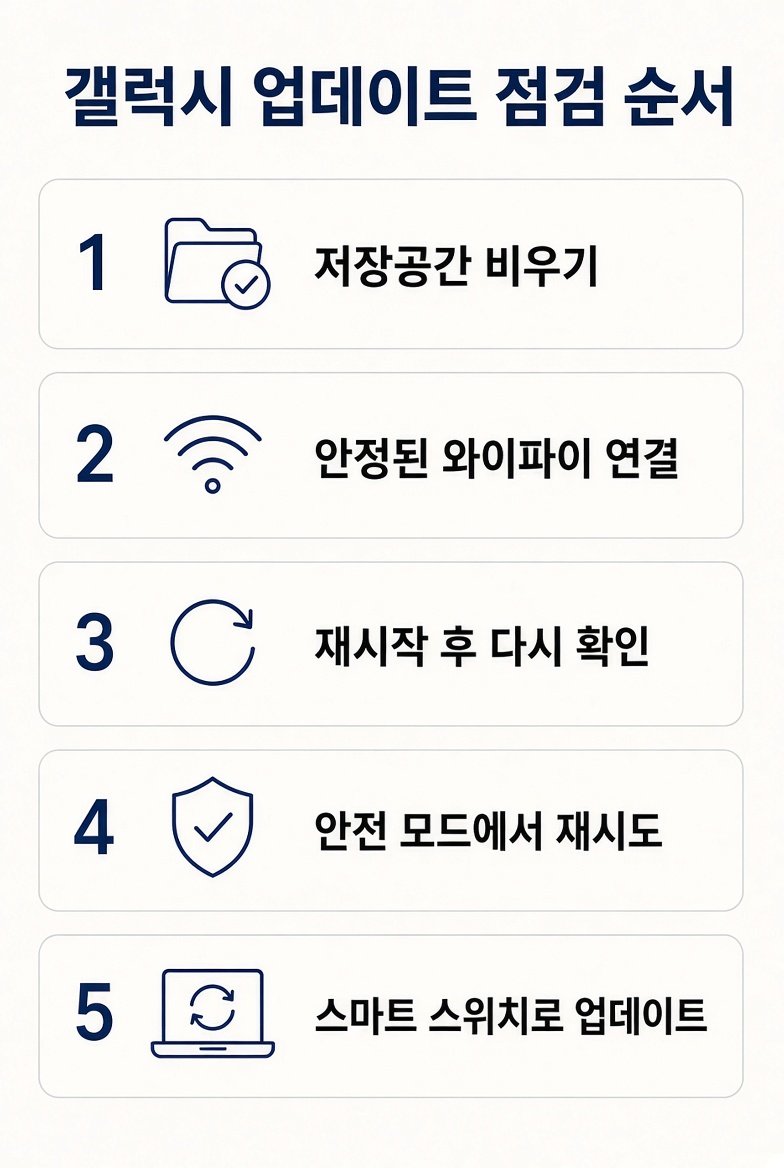 갤럭시 업데이트 점검 순서 다섯 단계 인포그래픽