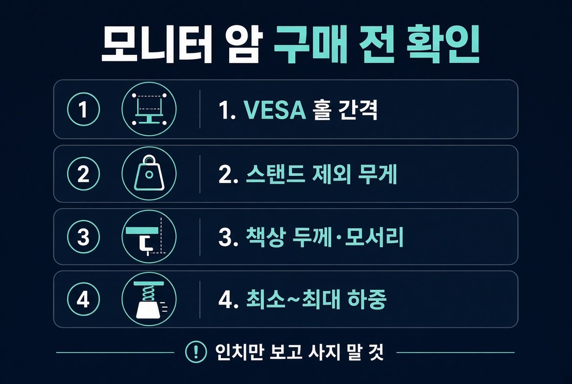 모니터 암 구매 전 확인 항목 VESA 홀 간격, 스탠드 제외 무게, 책상 두께, 최소 최대 하중