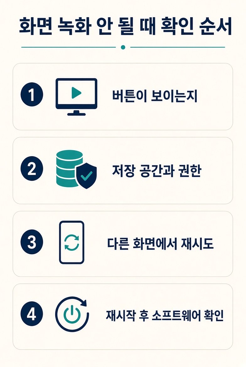 화면 녹화 안 될 때 버튼, 저장 공간, 다른 화면, 재시작 확인 순서