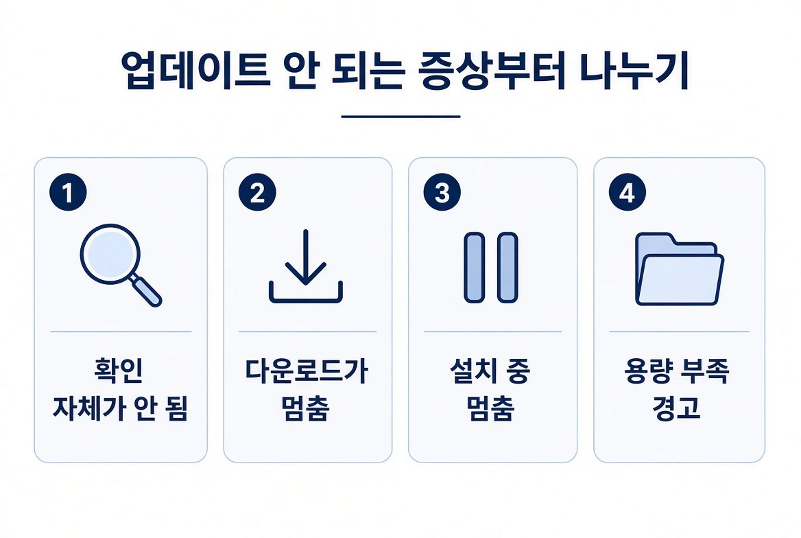 아이폰 업데이트 안됨 증상을 확인 불가, 다운로드 멈춤, 설치 중 멈춤, 용량 부족으로 나눈 구분