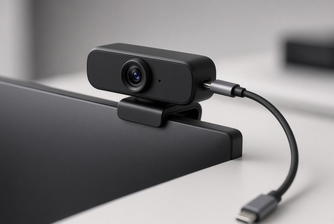 모니터에 고정한 웹캠과 USB-C 케이블