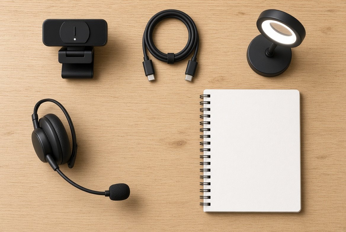 웹캠, USB-C 케이블, 보조등, 헤드셋 마이크를 책상에 펼쳐 놓은 모습