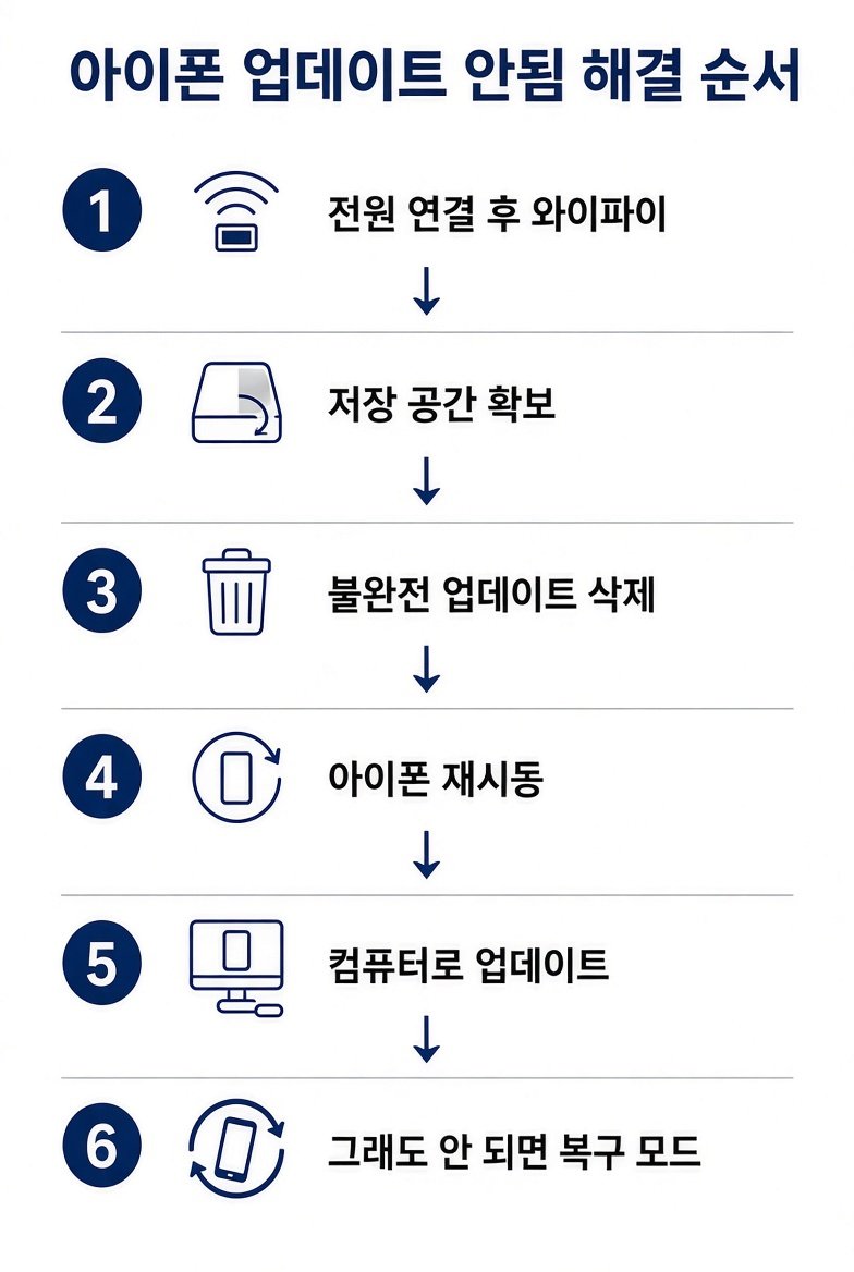 아이폰 업데이트 안됨 해결 순서 전원 연결, 저장 공간, 파일 삭제, 재시동, 컴퓨터, 복구 모드