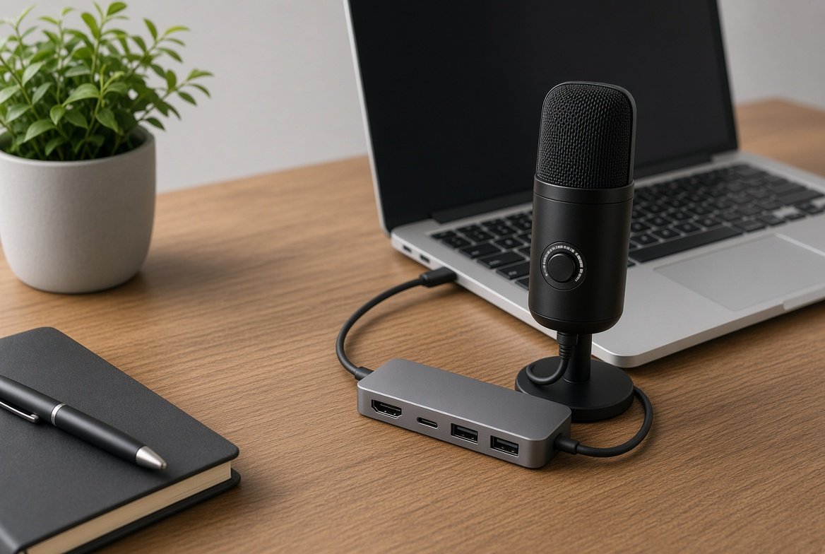 USB 허브에 연결된 외장 마이크와 노트북