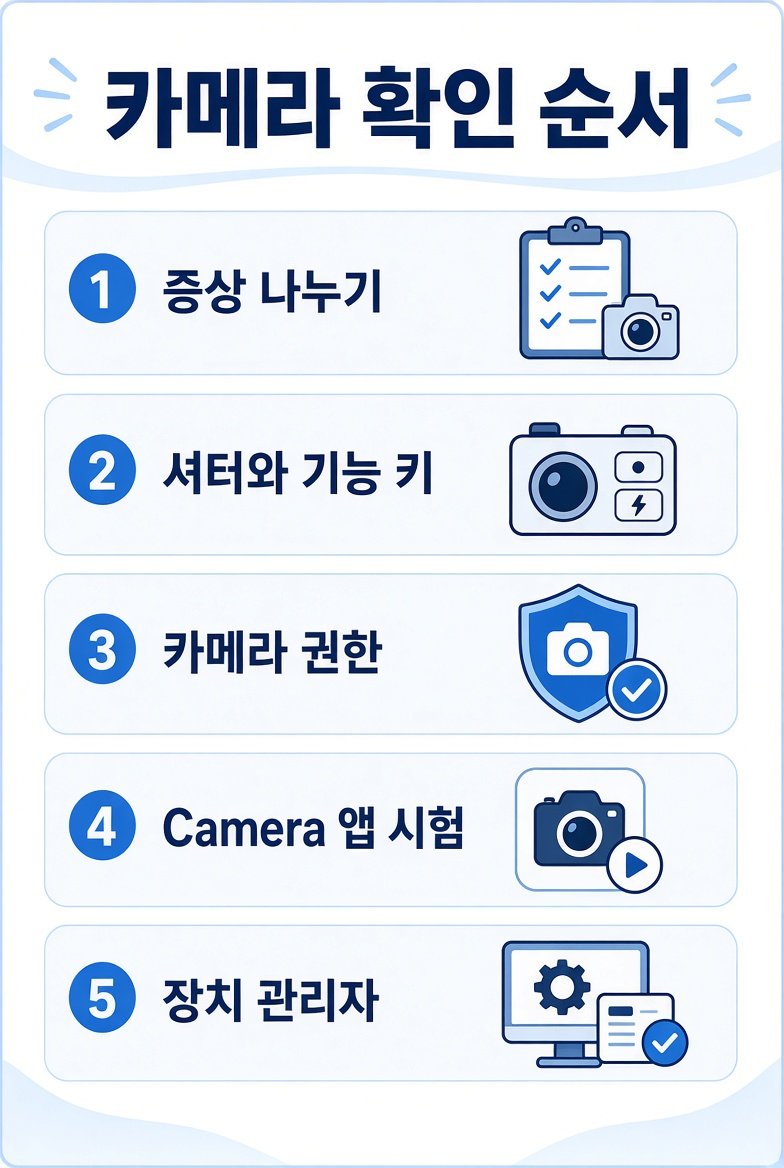 카메라 확인 순서 카드. 증상 나누기, 셔터와 기능 키, 카메라 권한, Camera 앱 시험, 장치 관리자