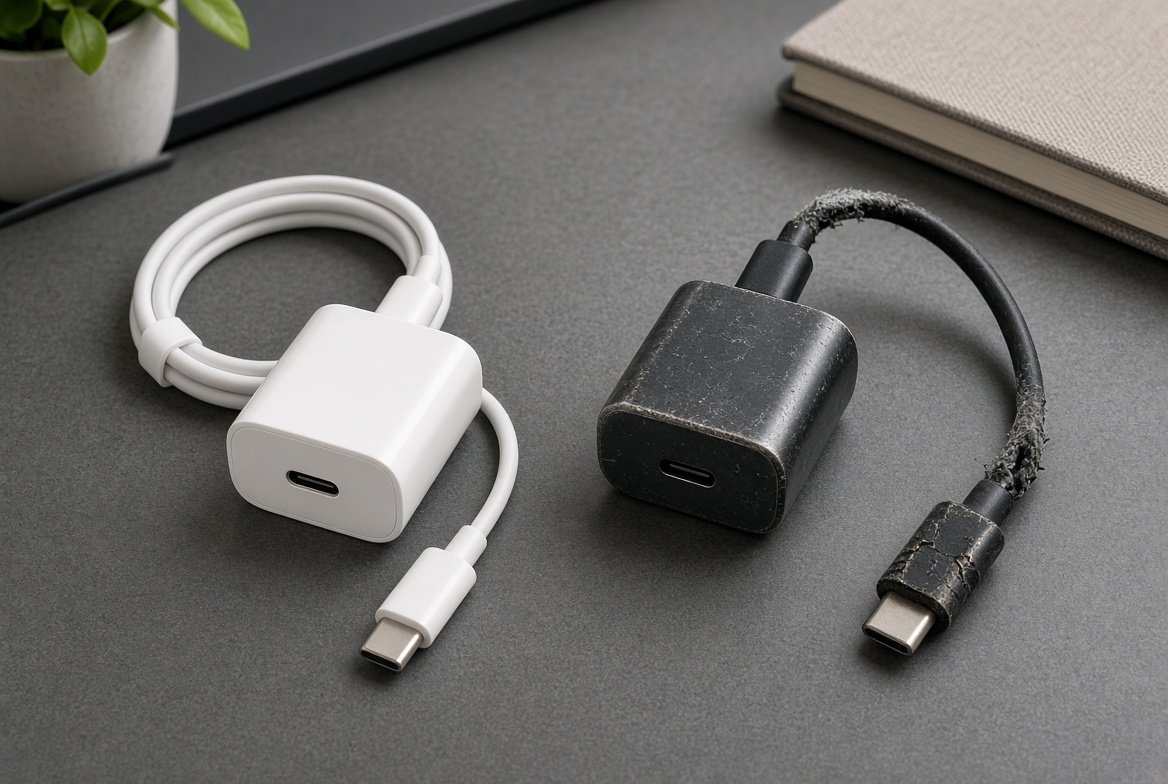 상태가 좋은 USB-C 충전기와 피복이 벗겨진 낡은 충전기 케이블