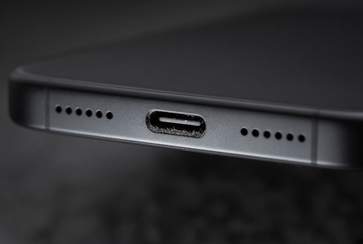 먼지가 끼어 있는 스마트폰 USB-C 충전 단자 확대 사진