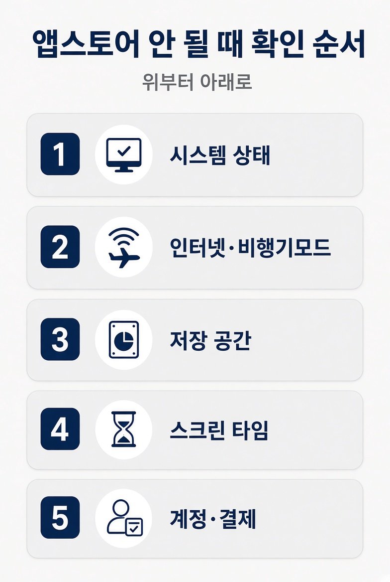 아이폰 앱스토어 안됨 확인 순서 시스템 상태 인터넷 저장 공간 스크린 타임 계정 결제