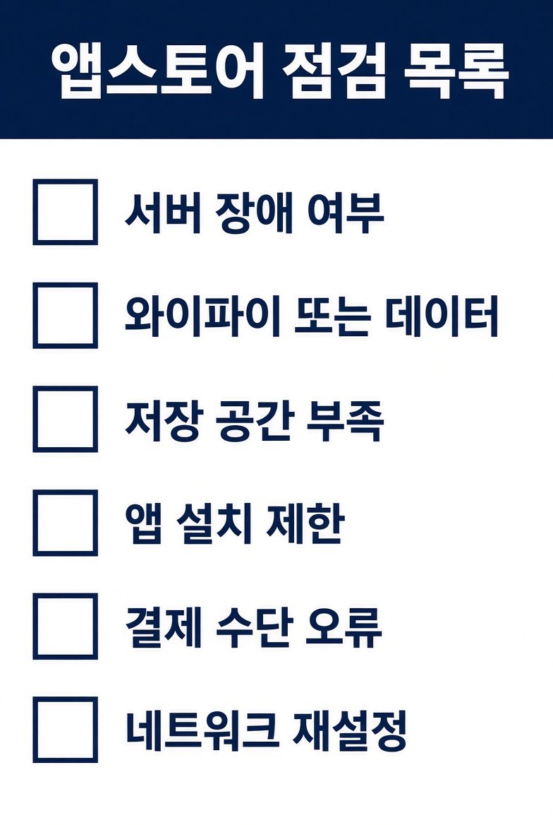앱스토어 점검 목록 서버 장애 와이파이 저장 공간 앱 설치 제한 결제 오류 네트워크 재설정