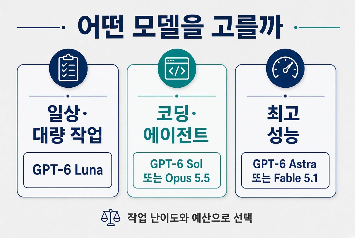 일상 대량 작업은 Luna, 코딩 에이전트는 Sol 또는 Opus 5.5, 최고 성능은 Astra 또는 Fable 5.1로 나눈 선택 카드