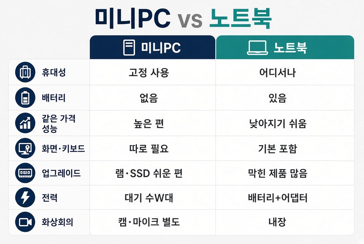 미니PC vs 노트북 휴대성 배터리 성능 업그레이드 비교표