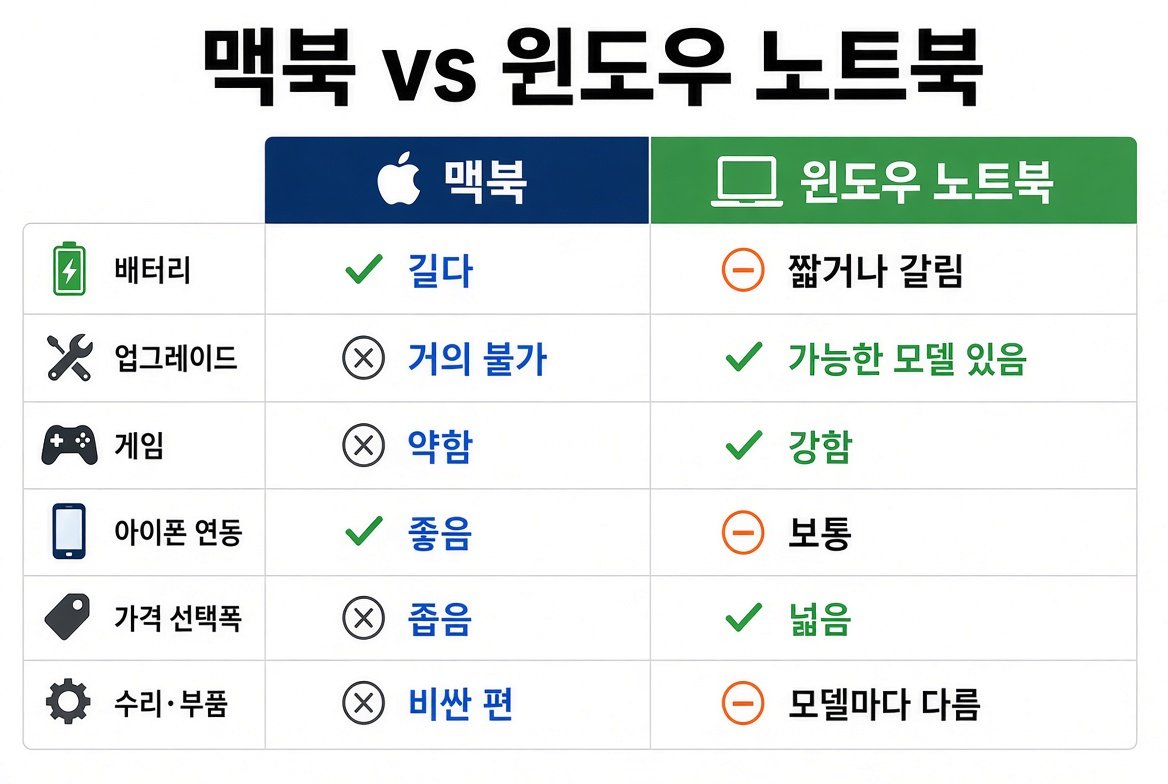 맥북과 윈도우 노트북을 배터리 업그레이드 게임 아이폰 연동 가격 수리 기준으로 비교한 표