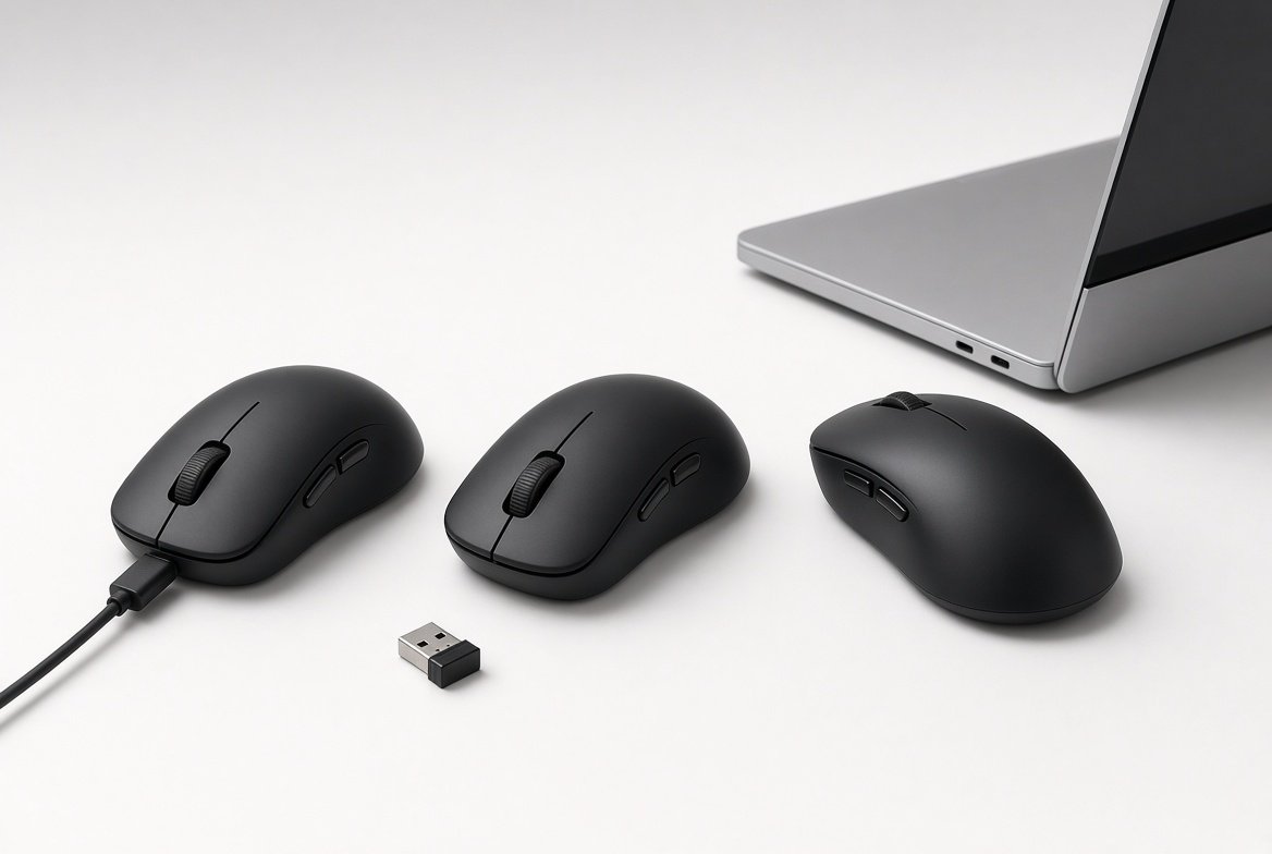 케이블 연결 마우스, USB 동글 마우스, 노트북 옆 블루투스 마우스 세 종류