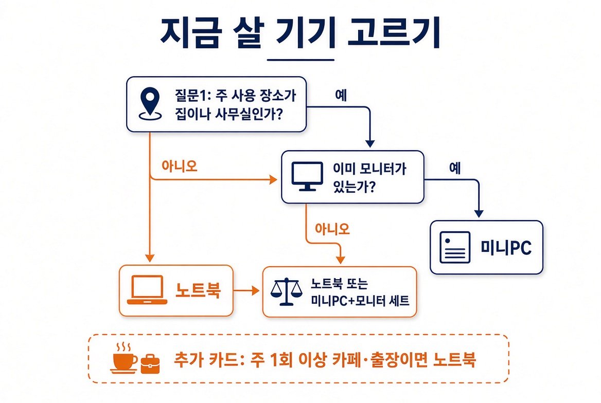 주 사용 장소와 모니터 유무로 미니PC와 노트북을 고르는 순서도
