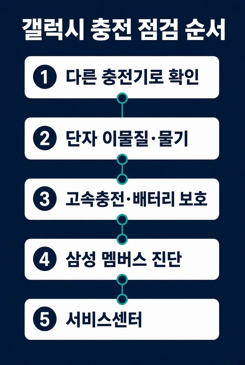 갤럭시 충전 점검 순서 다섯 단계: 다른 충전기, 단자 이물질과 물기, 고속충전과 배터리 보호, 삼성 멤버스 진단, 서비스센터