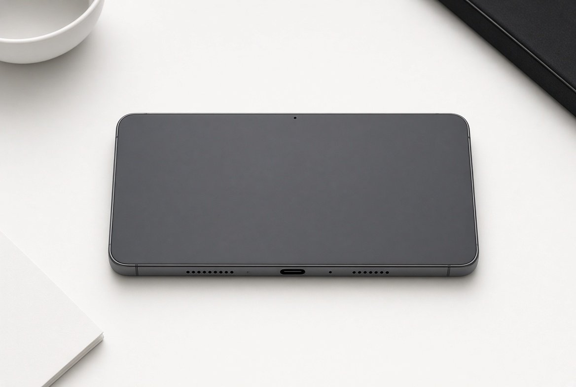 하단 USB-C 양옆에 스피커와 마이크 구멍이 보이는 태블릿형 기기