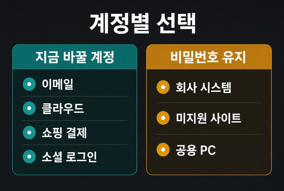 지금 바꿀 계정과 비밀번호를 유지할 계정을 나눈 패스키 vs 비밀번호 선택 안내