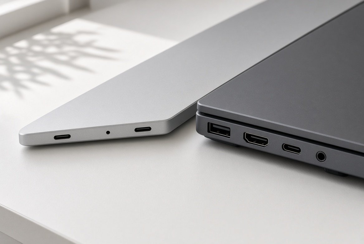 얇은 노트북의 USB-C 포트와 두꺼운 노트북의 USB-A HDMI USB-C 포트를 나란히 비교한 모습