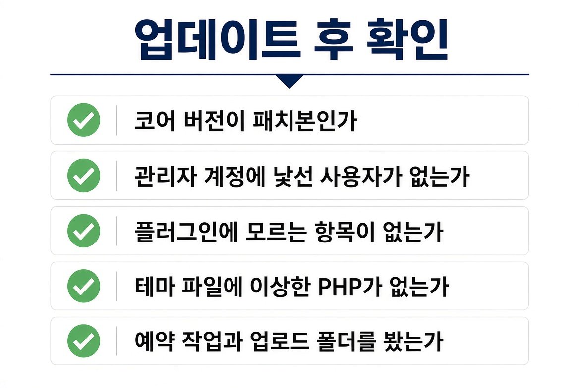 업데이트 후 확인 목록. 코어 버전, 관리자 계정, 플러그인, 테마 PHP, 예약 작업