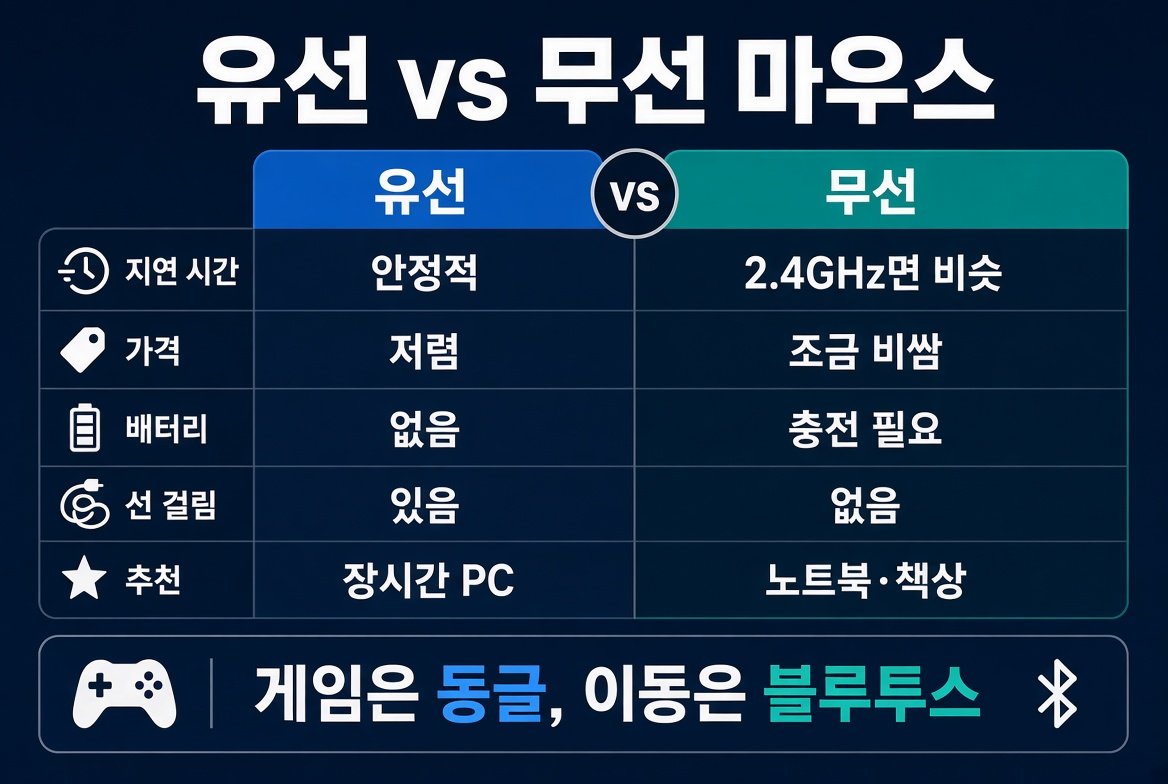 유선 마우스와 무선 마우스를 지연 시간, 가격, 배터리, 선 걸림, 추천 용도로 비교한 표