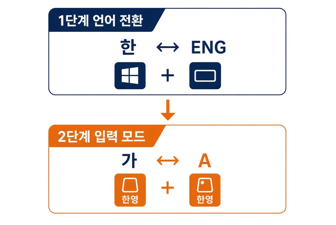 언어 전환 한과 ENG, 입력 모드 가와 A를 나눈 두 단계 안내 그림