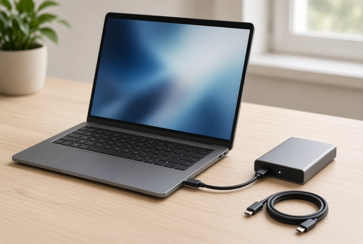 노트북에 USB-C 케이블로 연결된 외장 SSD와 여분 케이블