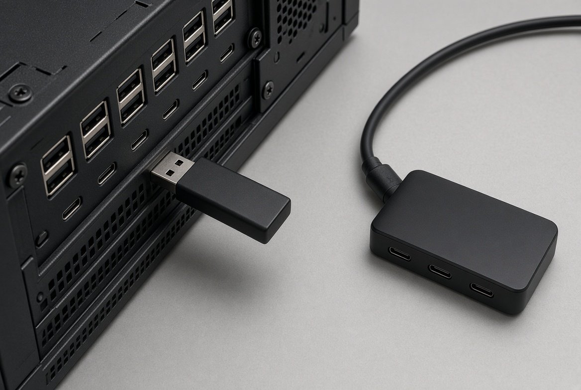 데스크톱 후면 USB 포트에 직접 연결된 메모리와 옆의 USB 허브