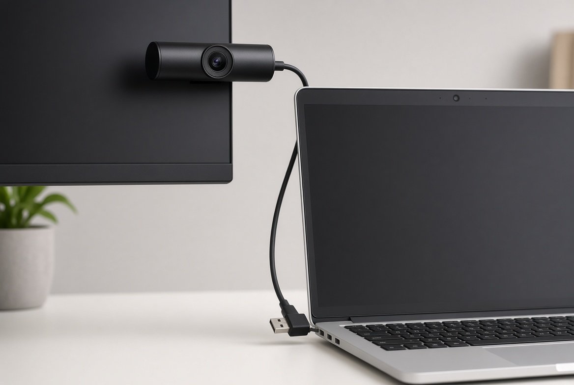모니터에 장착한 외장 웹캠과 노트북 본체 USB 포트 연결