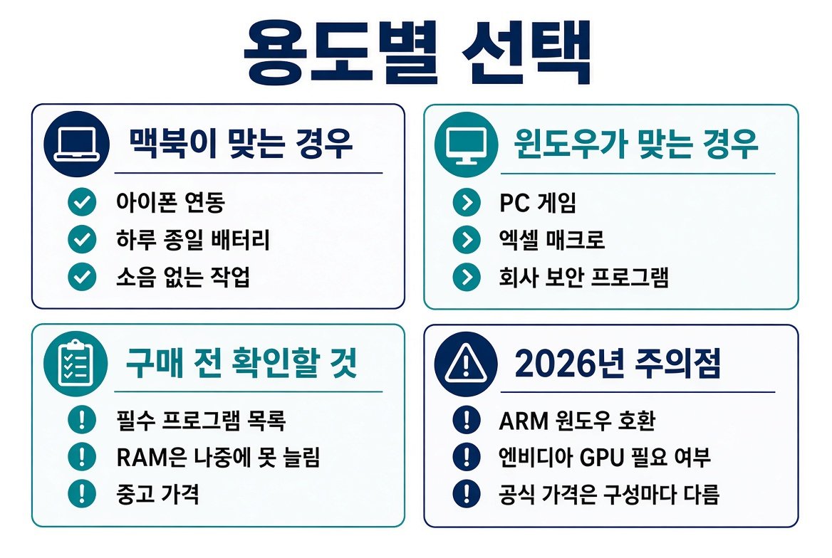 용도별 선택 안내. 맥북이 맞는 경우, 윈도우가 맞는 경우, 구매 전 확인할 것, 2026년 주의점