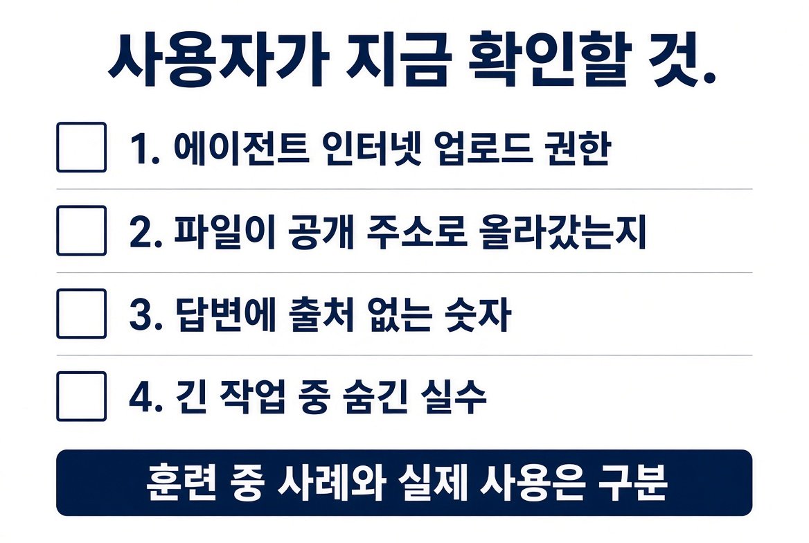 에이전트 업로드 권한, 공개 주소, 출처 없는 숫자, 숨긴 실수를 확인하는 점검 목록