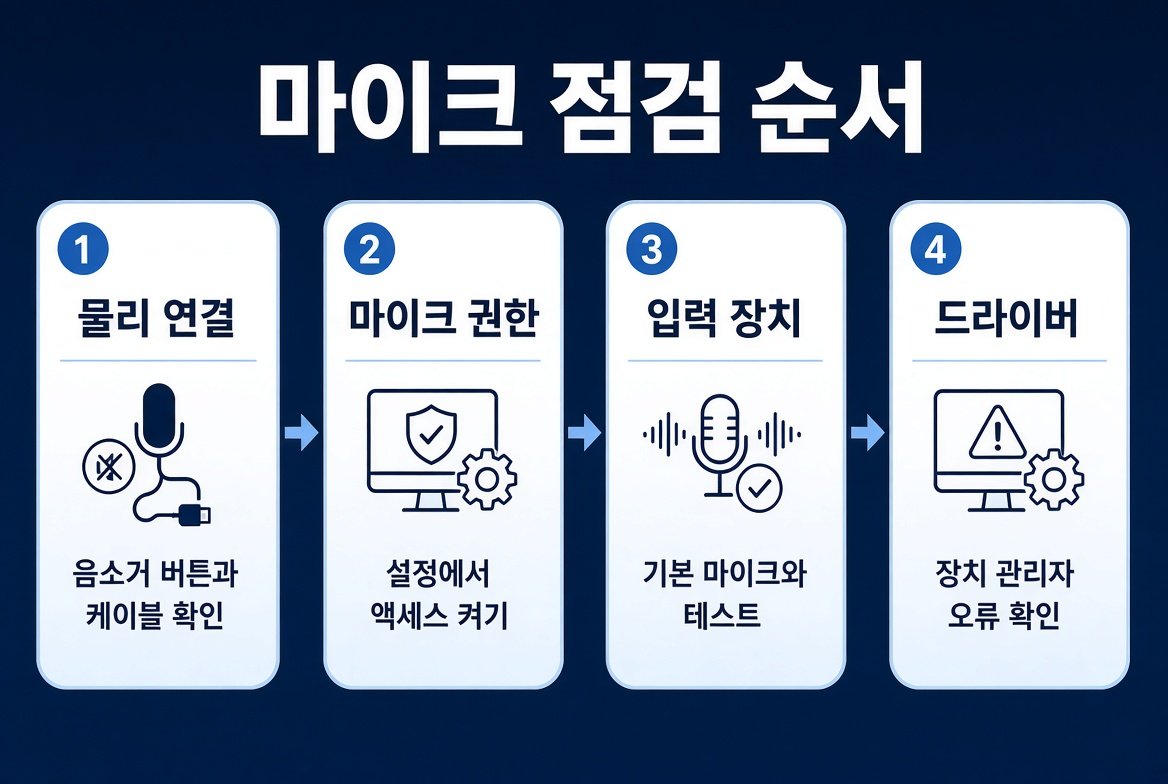 물리 연결, 마이크 권한, 입력 장치, 드라이버 순으로 정리한 점검 순서