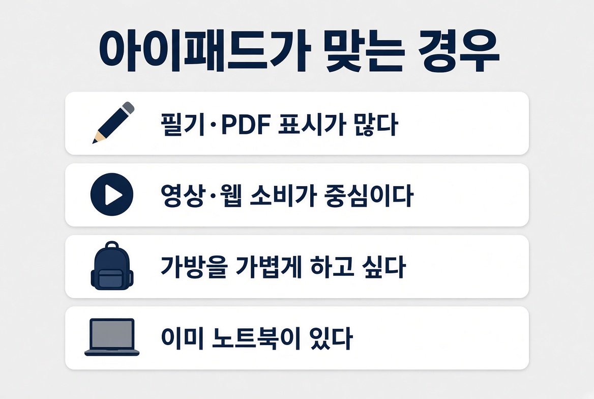 아이패드가 맞는 경우 네 가지: 필기 PDF, 영상 웹 소비, 가벼운 가방, 이미 노트북이 있는 경우