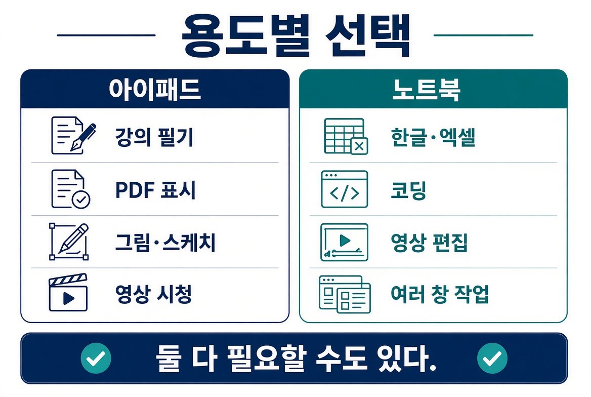 용도별 선택 표. 아이패드는 필기 PDF 그림 영상, 노트북은 한글 엑셀 코딩 영상편집과 여러 창 작업