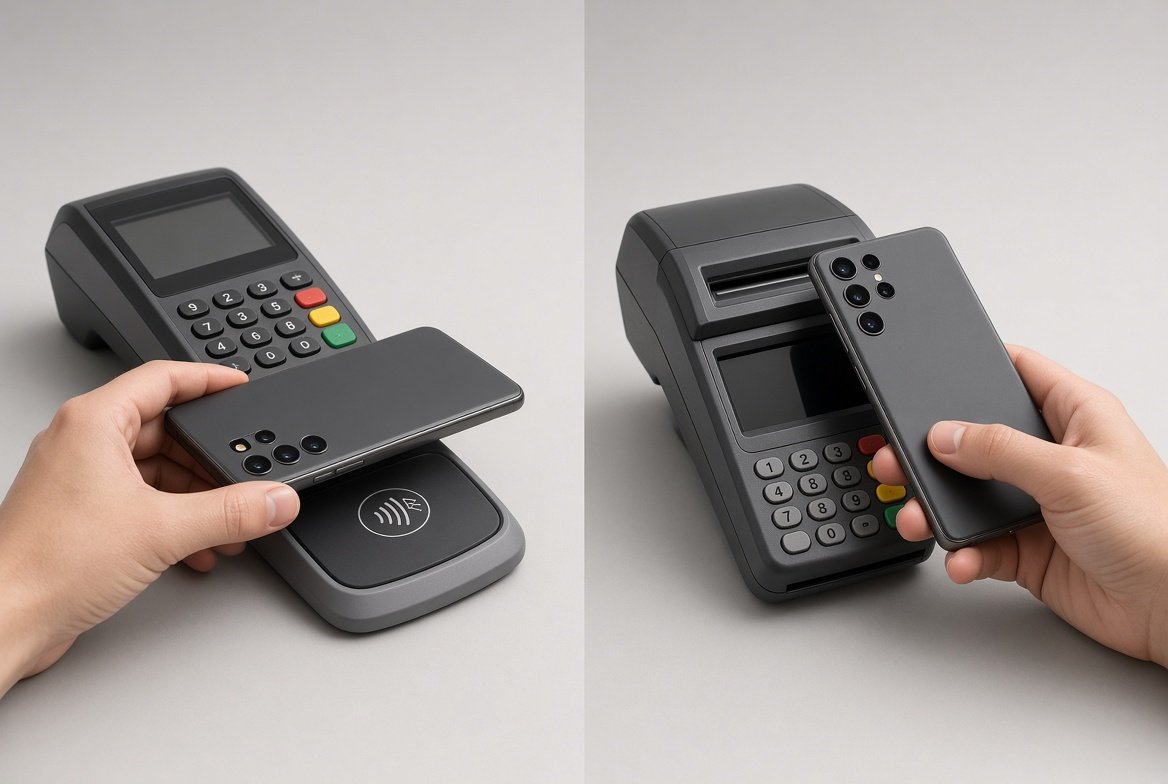왼쪽은 NFC 패드에 폰을 올린 모습, 오른쪽은 카드 단말기 본체에 폰을 댄 모습