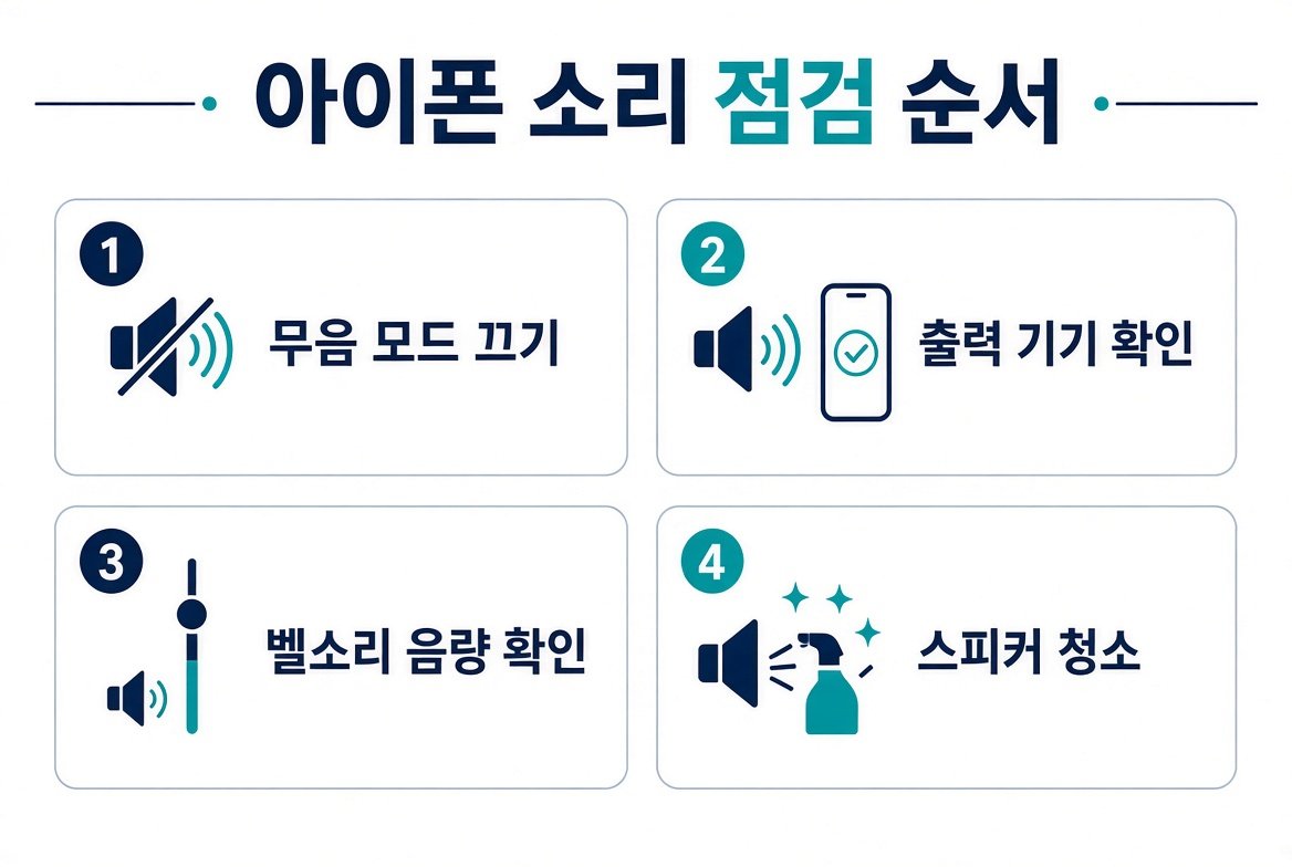 무음 끄기, 출력 기기 확인, 벨소리 음량 확인, 스피커 청소 네 단계 점검 순서