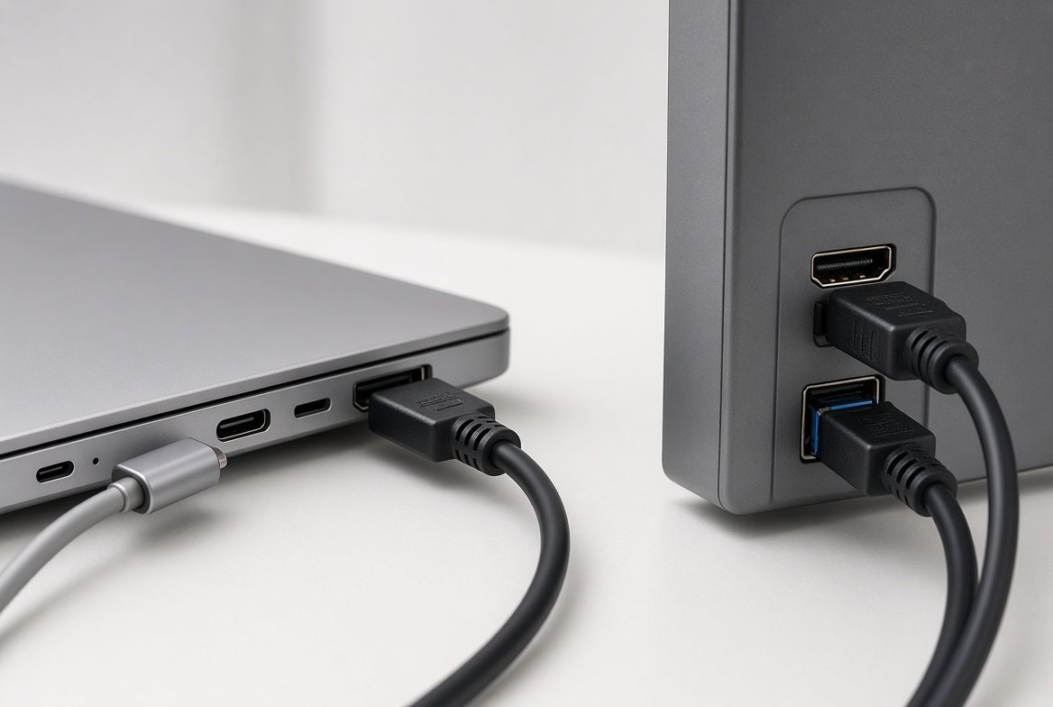 노트북 HDMI와 USB-C 옆, 모니터 HDMI 단자에 케이블이 꽂힌 접사