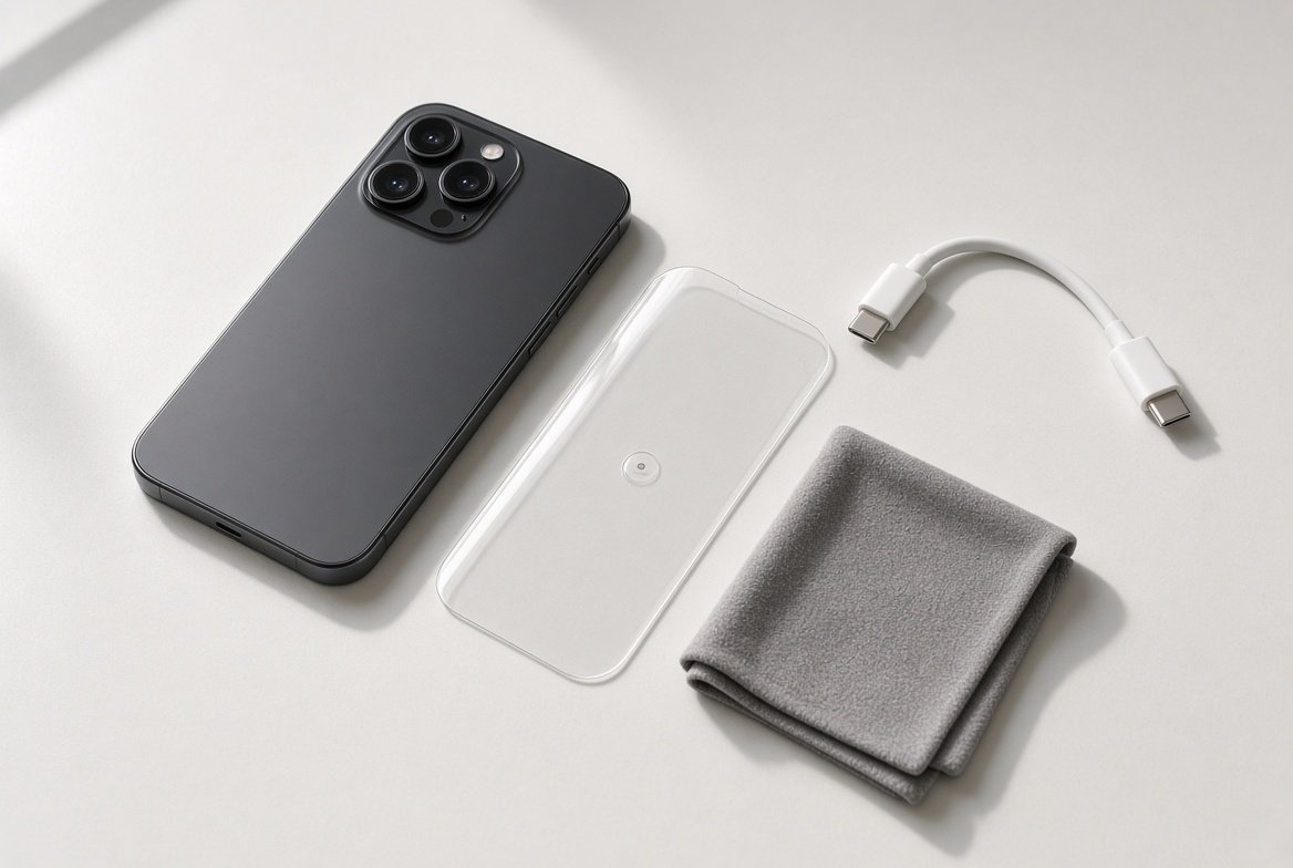 아이폰 옆에 떼어 낸 화면 보호 필름, 극세사 천, 뽑아 둔 USB-C 케이블이 놓인 모습