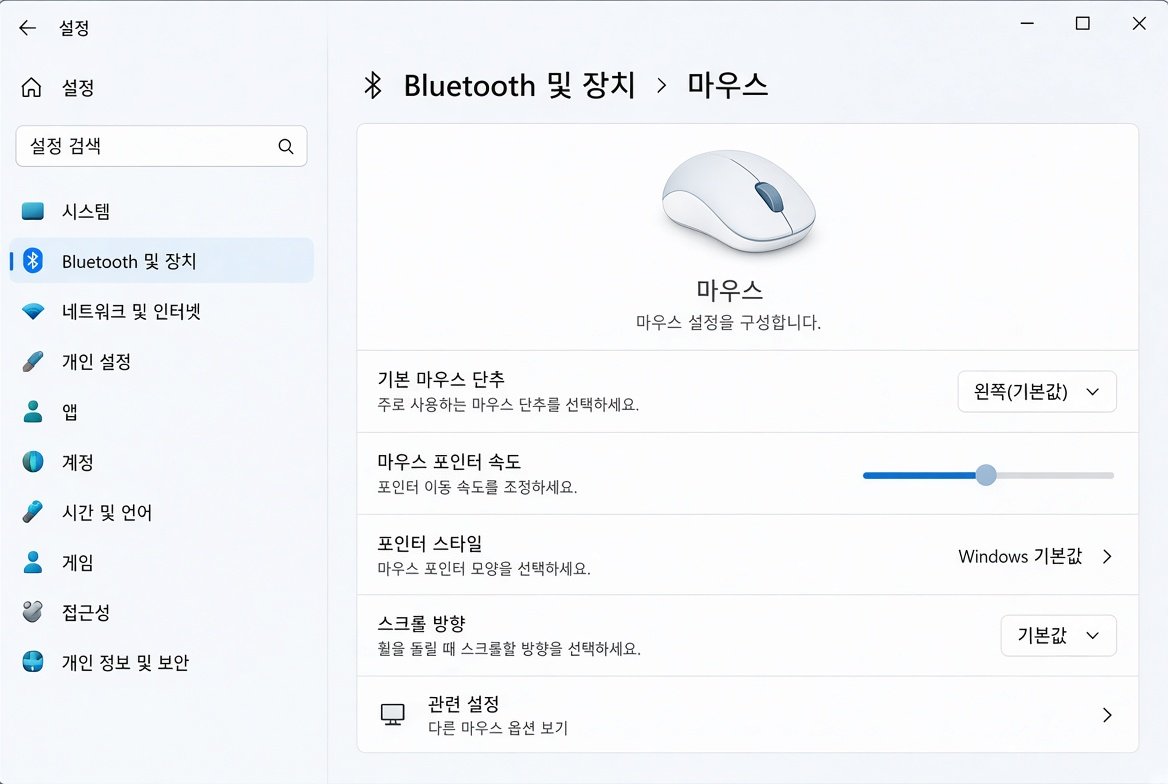 Windows 11 마우스 설정 화면에서 기본 마우스 단추 확인