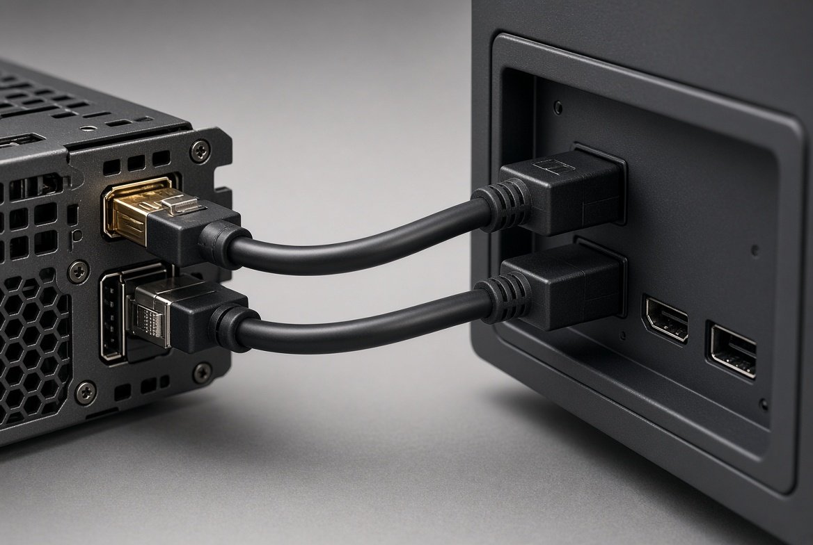 그래픽카드 출력 단자와 모니터 입력부에 HDMI 케이블과 DisplayPort 케이블이 연결된 근접 사진.