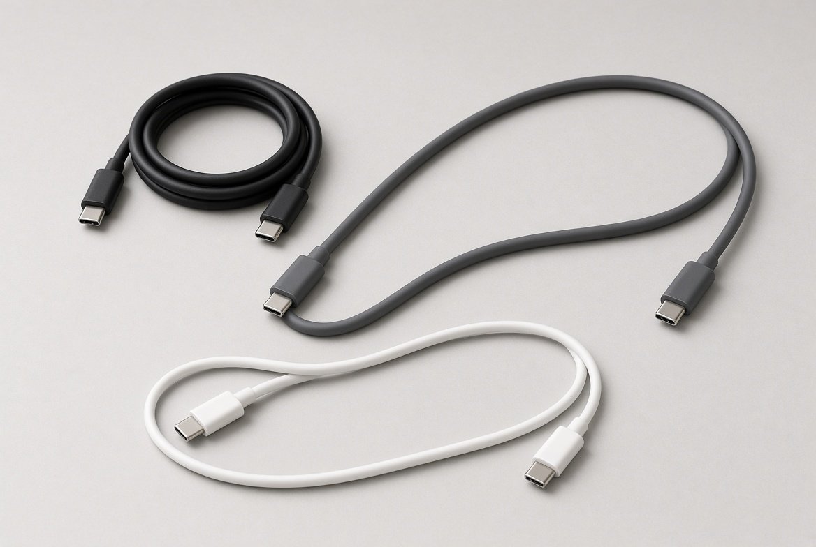 굵기와 길이가 다른 USB-C 케이블 세 개. 포장 글자 없음