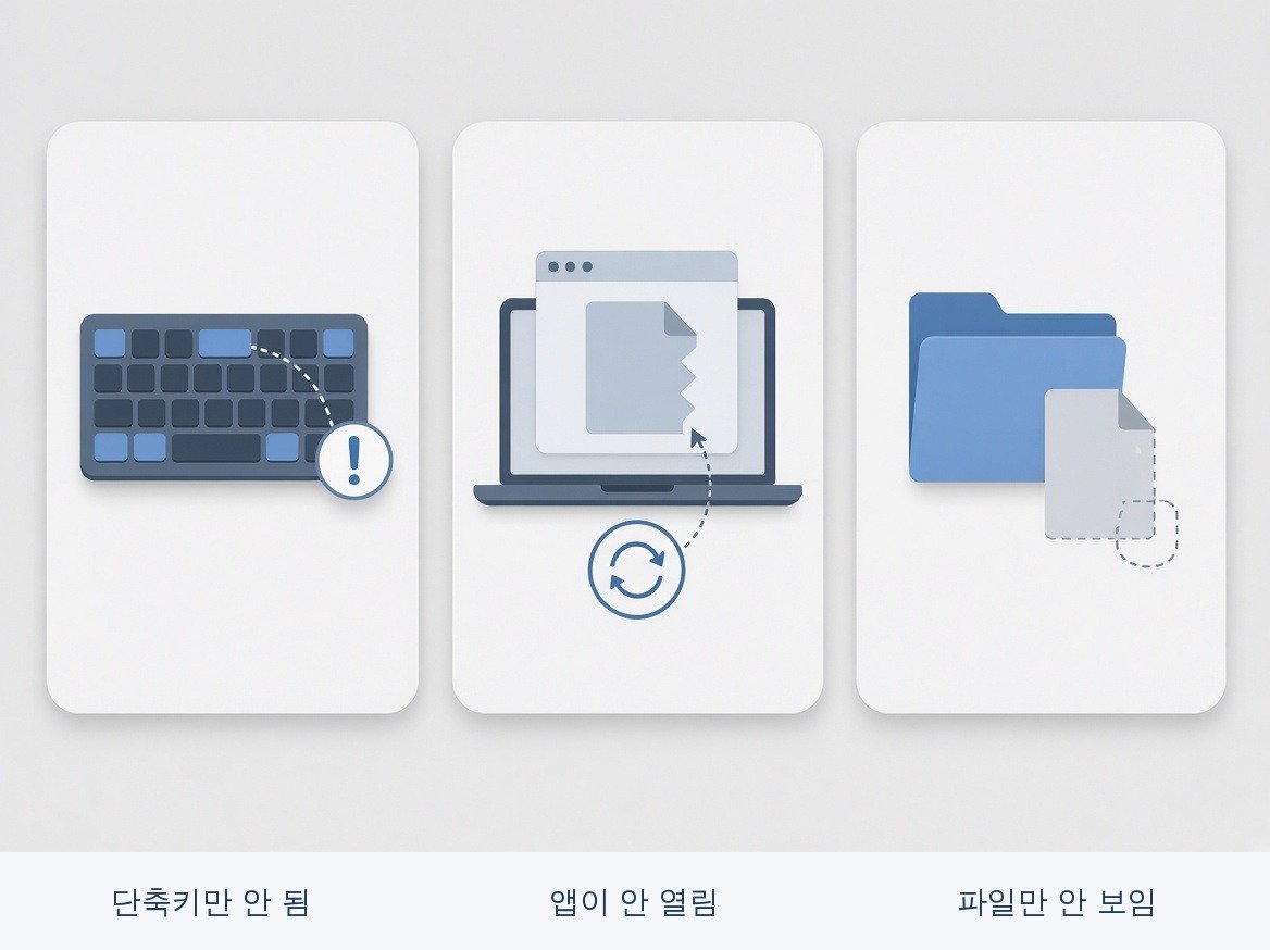 단축키만 안 됨, 앱이 안 열림, 파일만 안 보임 세 가지 원인