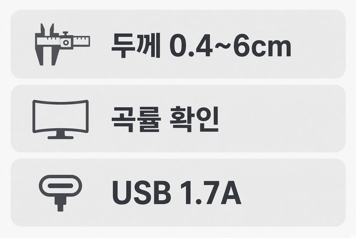 두께 0.4~6cm, 곡률 확인, USB 1.7A가 적힌 세 줄 확인 카드