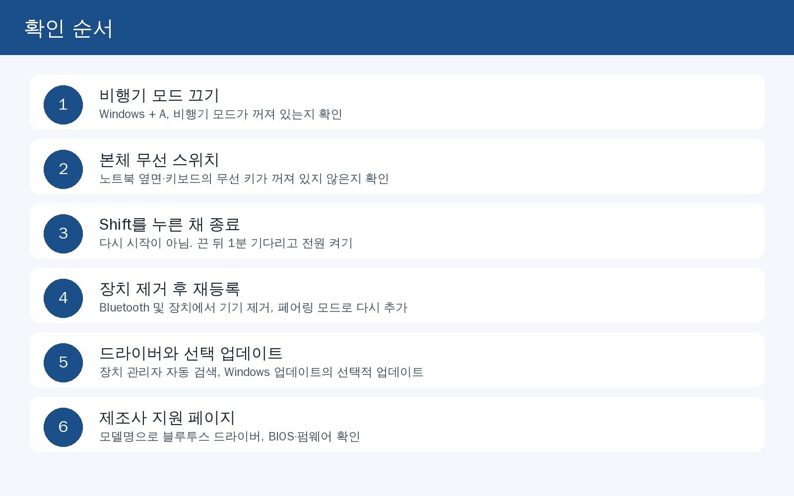 Windows 11 블루투스 안됨 확인 순서. 비행기 모드, 본체 스위치, 완전 종료, 재등록, 드라이버, 제조사 페이지