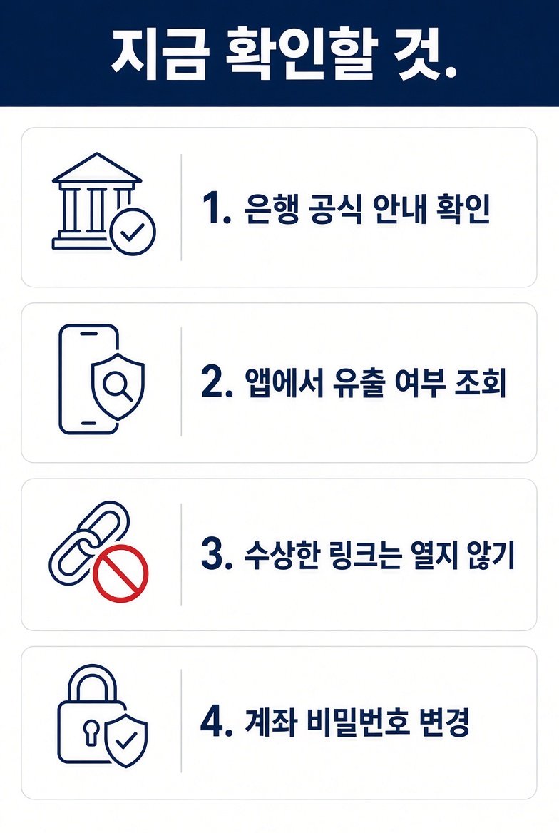 지금 확인할 것 네 가지. 은행 공식 안내 확인, 앱에서 유출 여부 조회, 수상한 링크는 열지 않기, 계좌 비밀번호 변경.