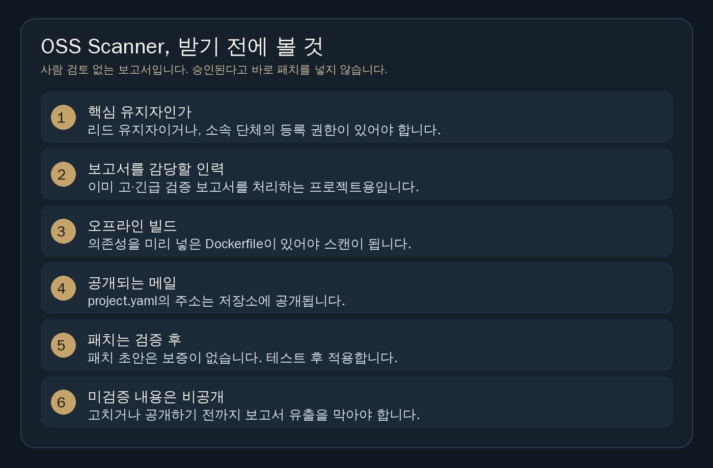 OSS Scanner 신청 전 확인 목록. 핵심 유지자, 처리 인력, 오프라인 빌드, 공개 메일, 패치 검증, 미검증 보고서 비공개