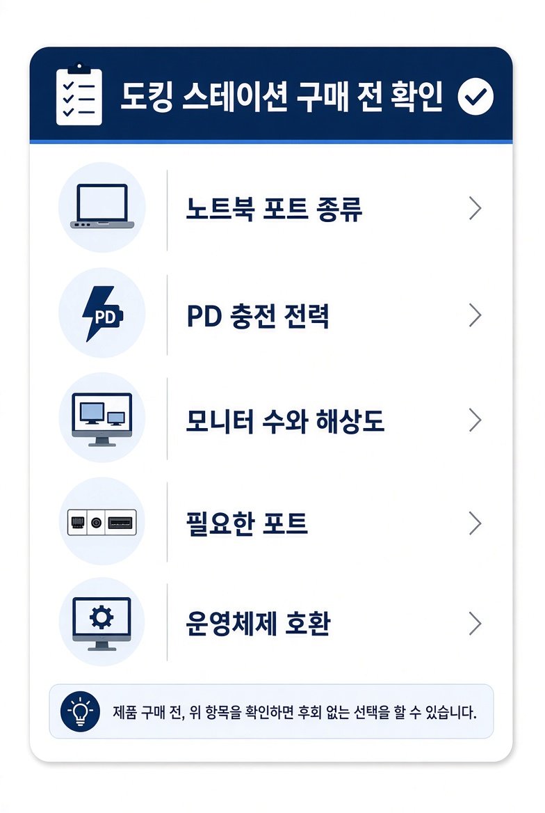 도킹 스테이션 구매 전 확인할 항목 체크리스트: 포트 종류, PD 전력, 모니터, 필요한 포트, 운영체제 호환