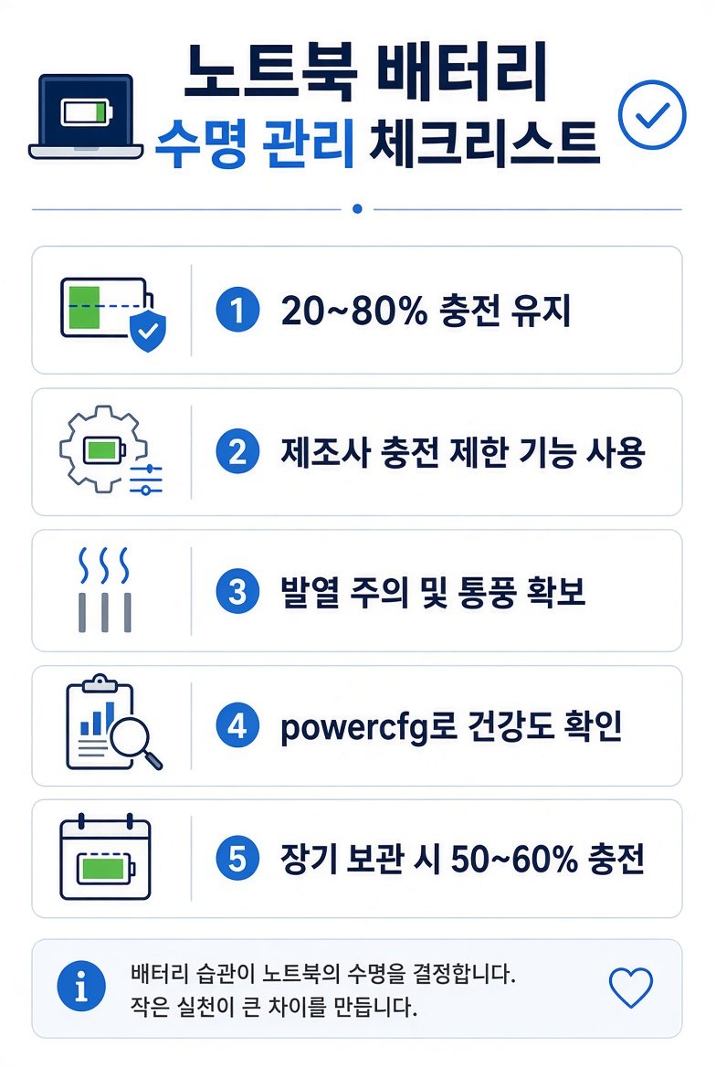 노트북 배터리 수명 관리 체크리스트 인포그래픽