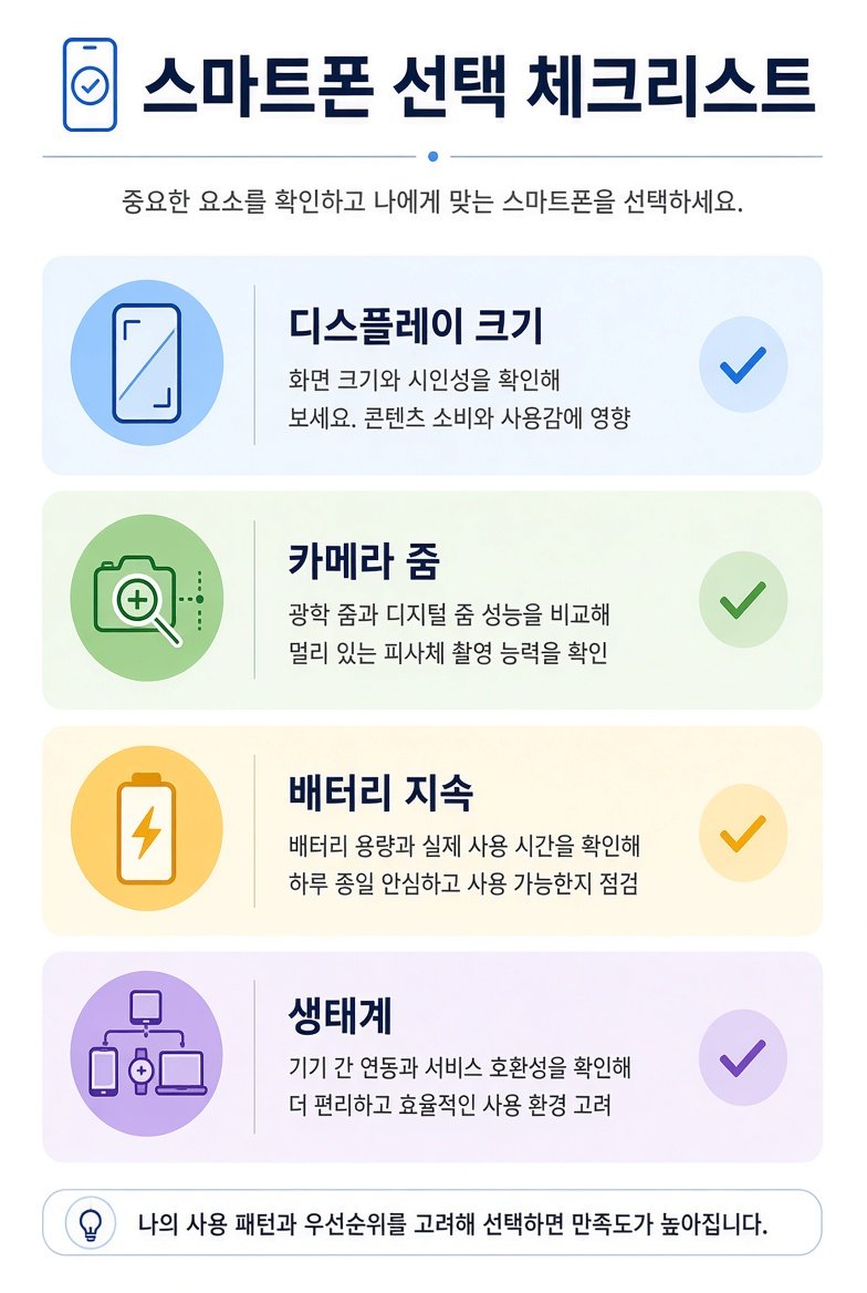 스마트폰 선택 체크리스트: 디스플레이 크기, 카메라 줌, 배터리 지속, 생태계