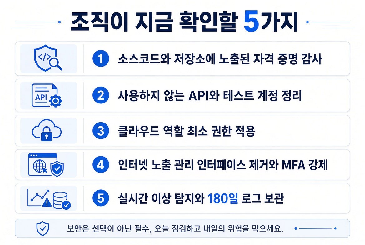 조직이 지금 확인할 5가지 체크리스트: 자격 증명 감사, API 정리, 최소 권한, 관리 인터페이스 보호, 실시간 탐지