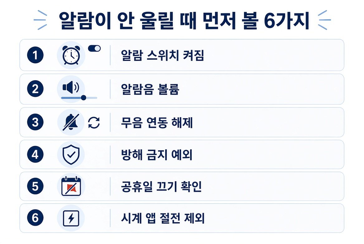 알람이 안 울릴 때 먼저 볼 6가지. 알람 스위치 켜짐, 알람음 볼륨, 무음 연동 해제, 방해 금지 예외, 공휴일 끄기 확인, 시계 앱 절전 제외.
